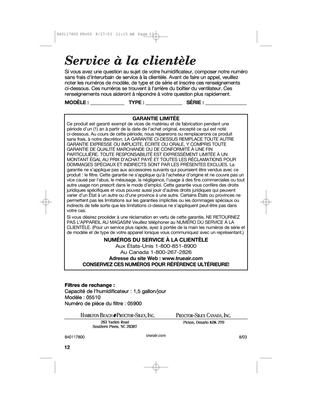 Hamilton Beach 840117800 Service à la clientèle, Numéros Du Service À La Clientèle, Garantie Limitée, Filtres de rechange 