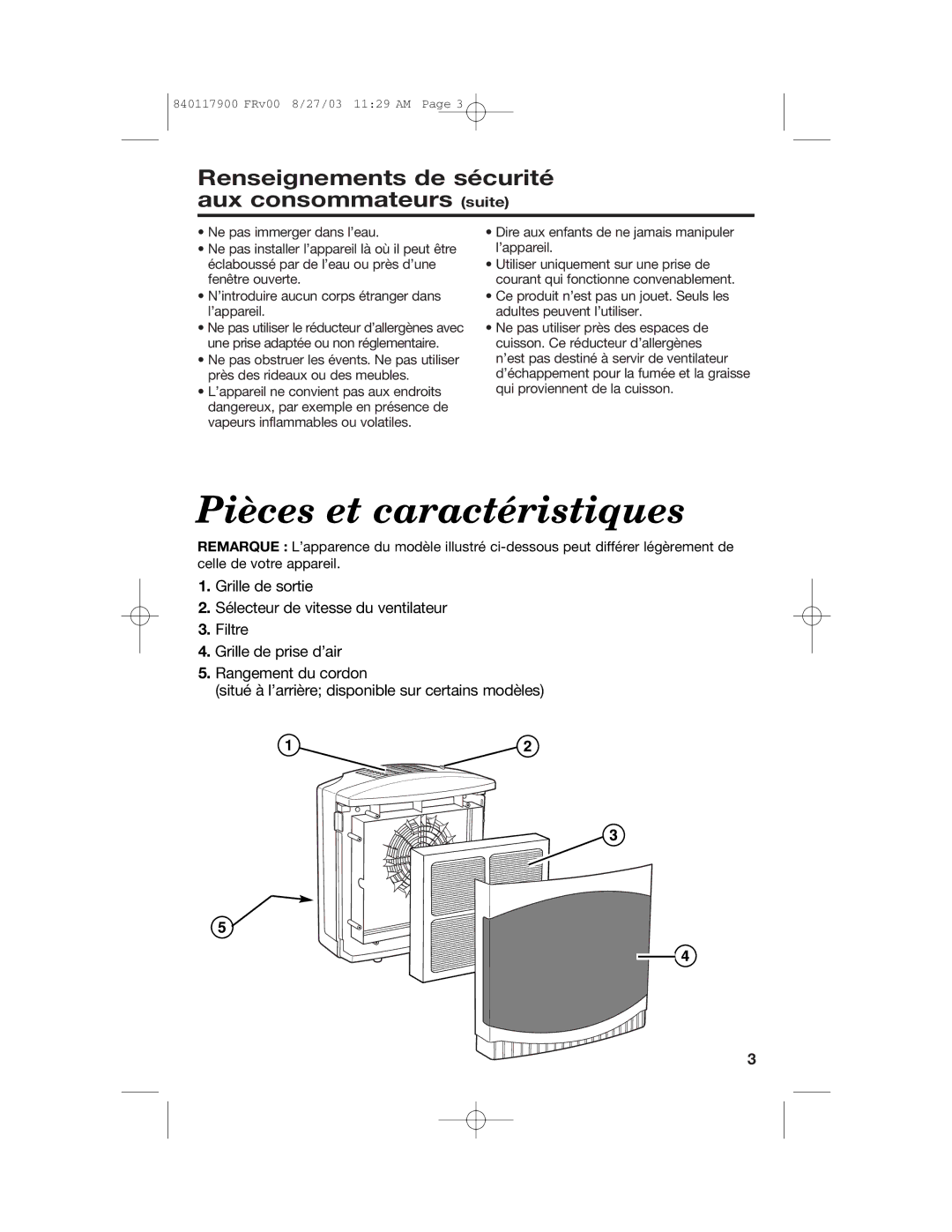 Hamilton Beach 840117900 manual Pièces et caractéristiques, Renseignements de sécurité aux consommateurs suite 