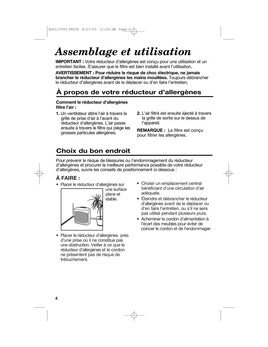 Hamilton Beach 840117900 manual Assemblage et utilisation, Propos de votre réducteur d’allergènes, Choix du bon endroit 