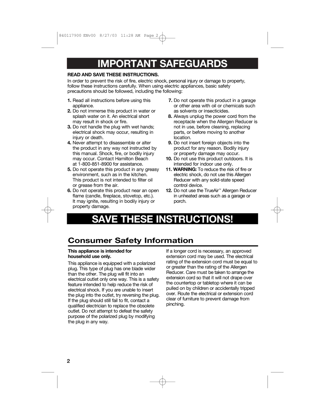 Hamilton Beach 840117900 manual Important Safeguards, Consumer Safety Information 