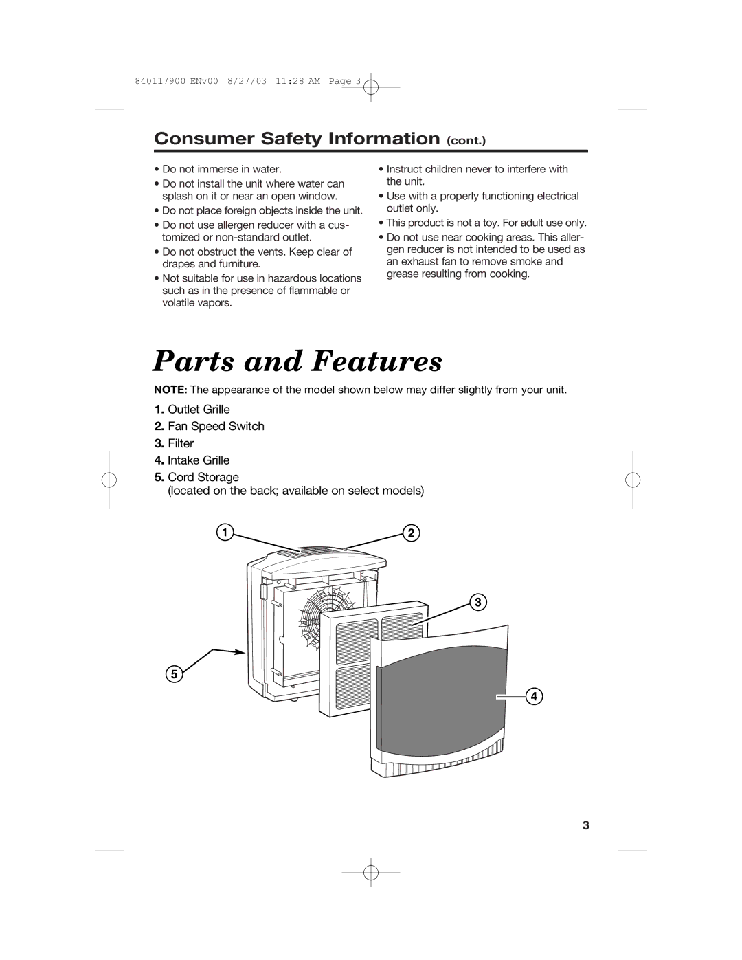 Hamilton Beach 840117900 manual Parts and Features 