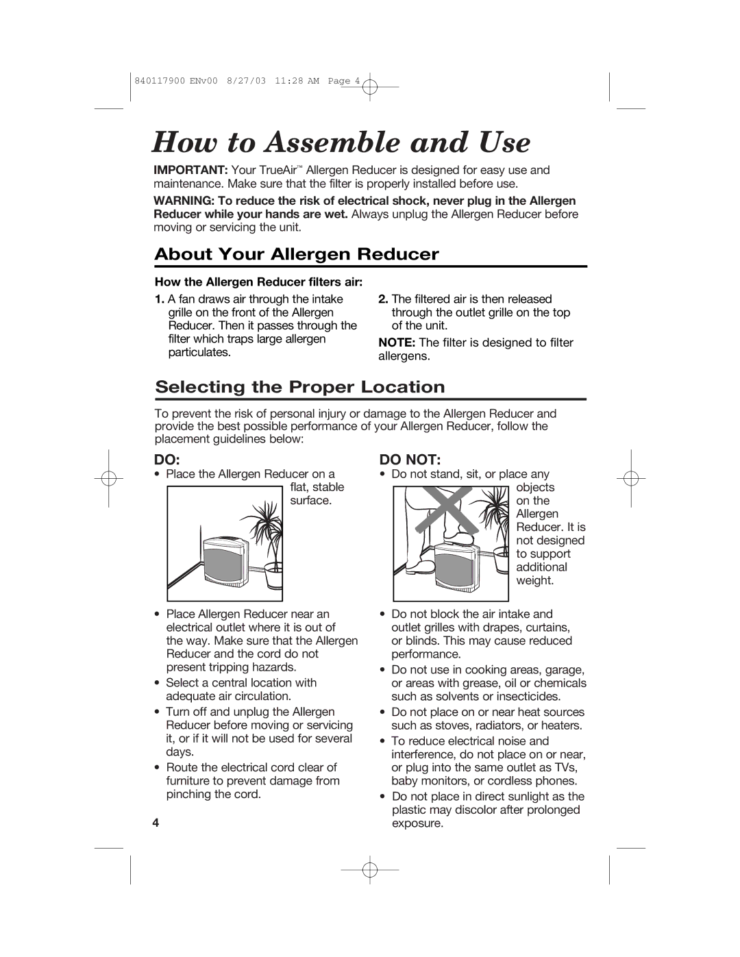 Hamilton Beach 840117900 manual How to Assemble and Use, About Your Allergen Reducer, Selecting the Proper Location 