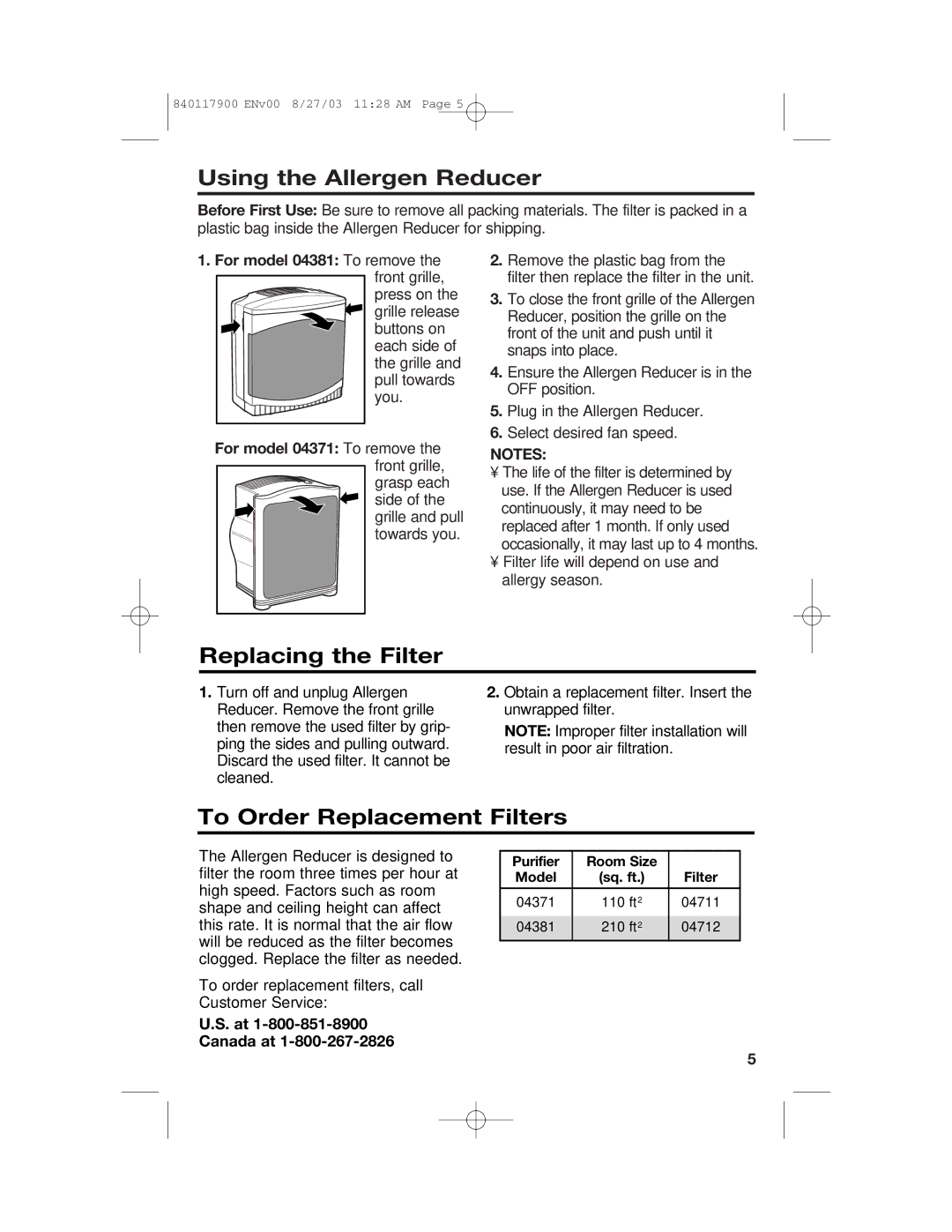 Hamilton Beach 840117900 manual Using the Allergen Reducer, Replacing the Filter, To Order Replacement Filters 