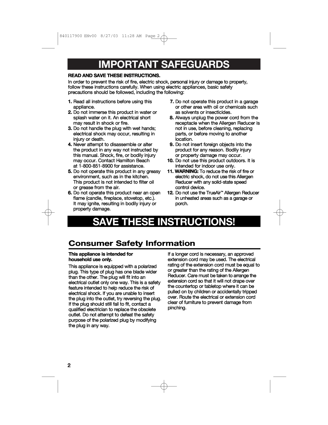 Hamilton Beach 840117900 manual Important Safeguards, Save These Instructions, Consumer Safety Information 