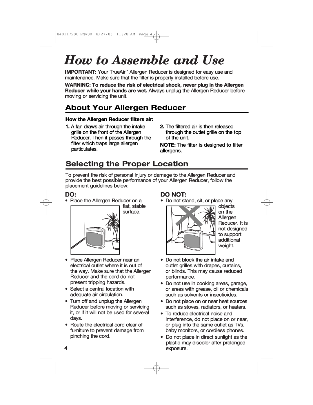 Hamilton Beach 840117900 manual How to Assemble and Use, About Your Allergen Reducer, Selecting the Proper Location, Do Not 