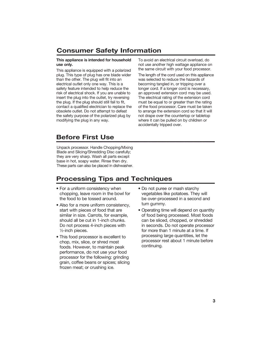 Hamilton Beach 840118100 manual Consumer Safety Information, Before First Use, Processing Tips and Techniques 