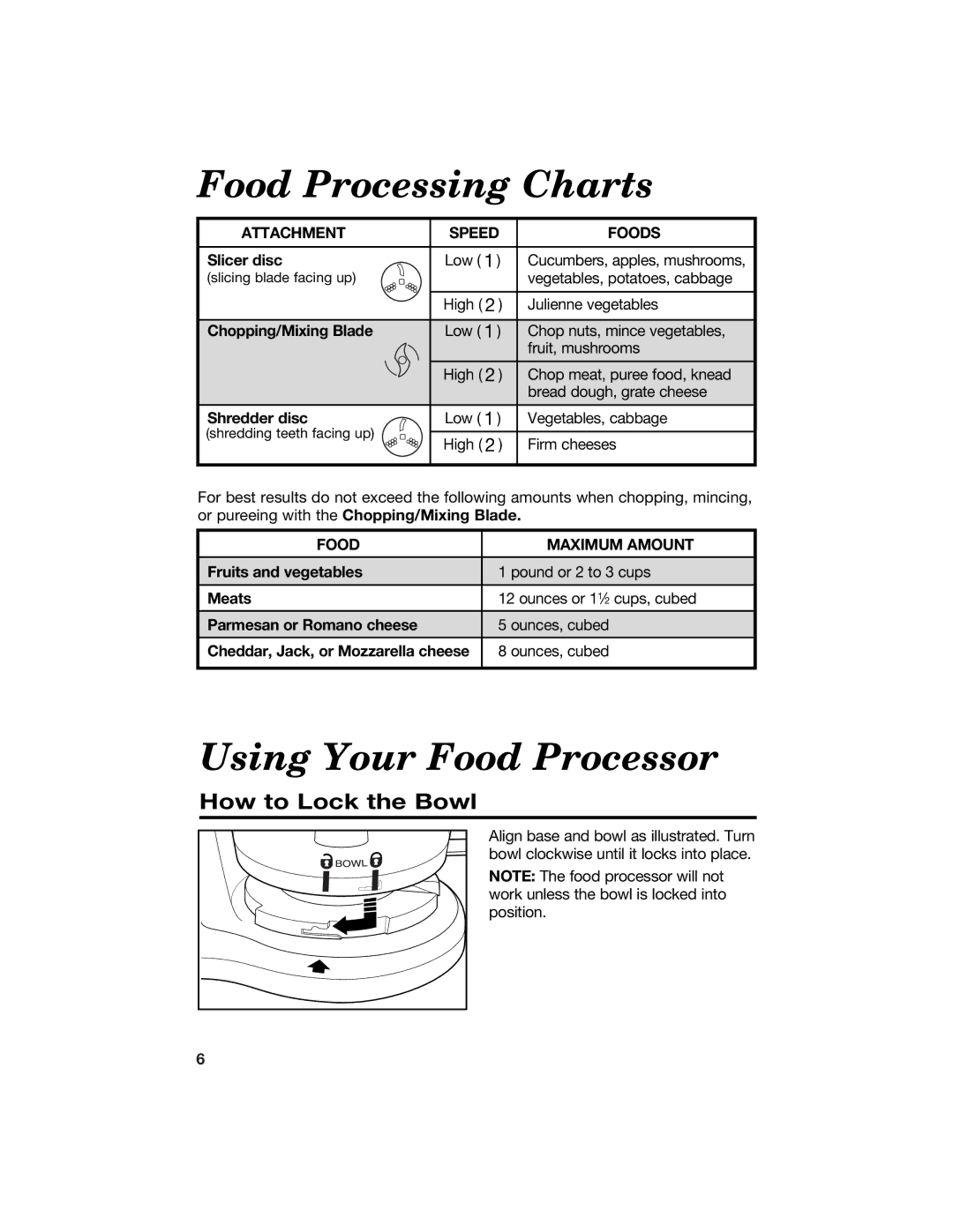 Hamilton Beach 840118100 manual Food Processing Charts, Using Your Food Processor, How to Lock the Bowl 