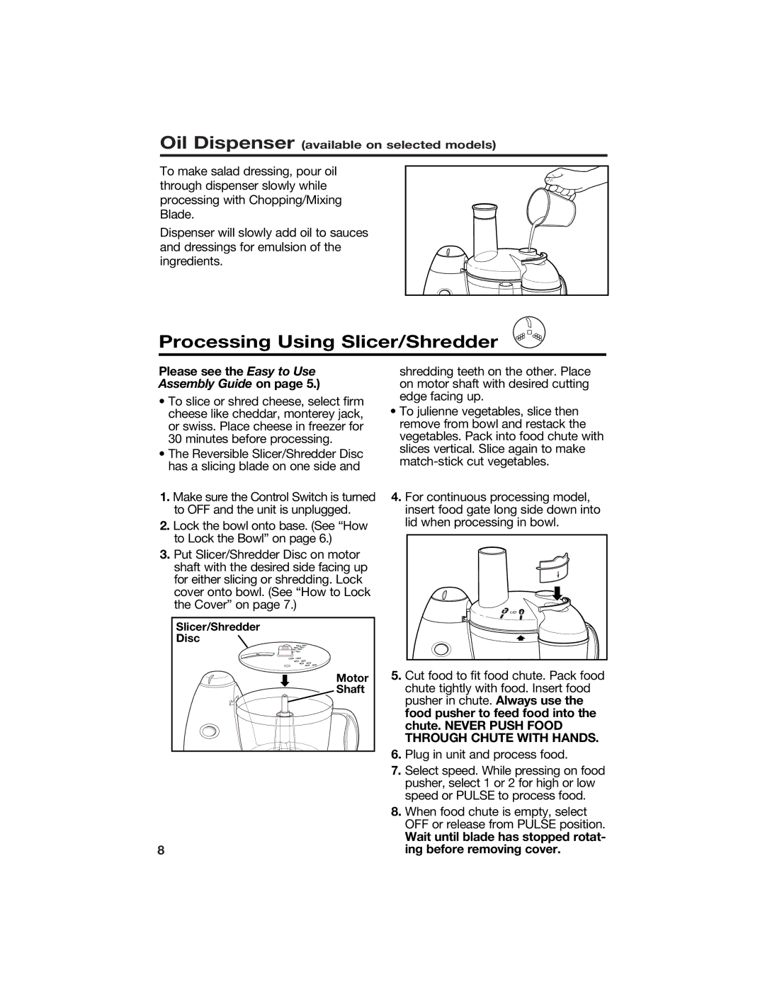 Hamilton Beach 840118100 manual Processing Using Slicer/Shredder, Assembly Guide on 