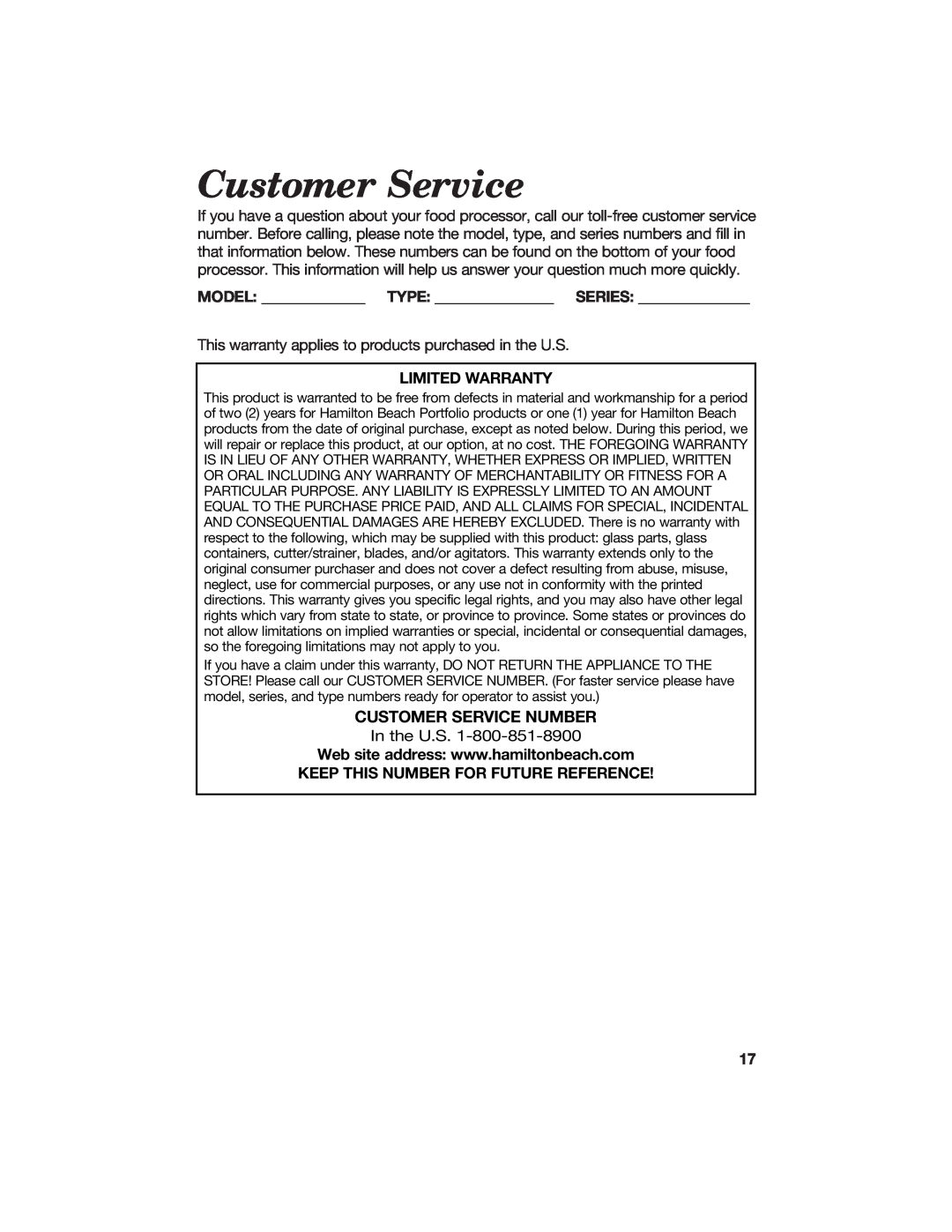 Hamilton Beach 840118100 manual Customer Service Number 