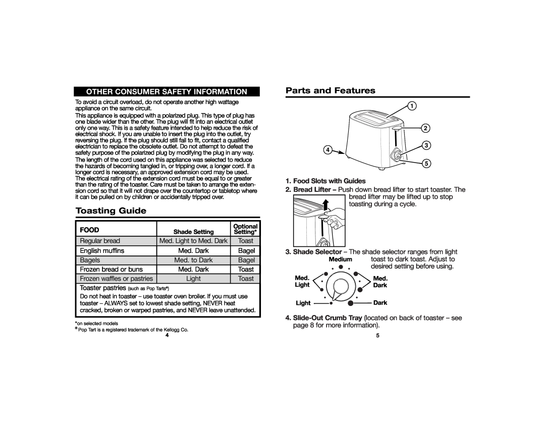 Hamilton Beach 840119200 manual Toasting Guide, Parts and Features, Other Consumer Safety Information 