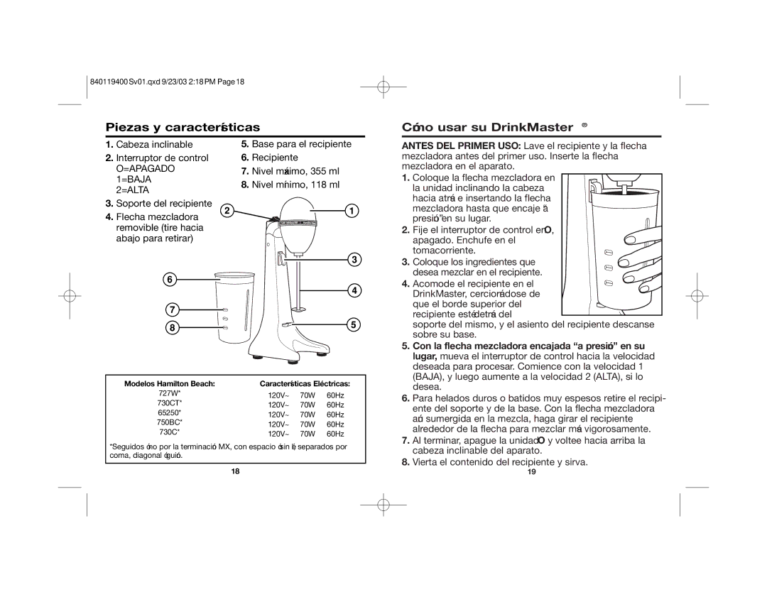 Hamilton Beach 840119400 manual Piezas y características Cómo usar su DrinkMaster, =Apagado =Baja =Alta 