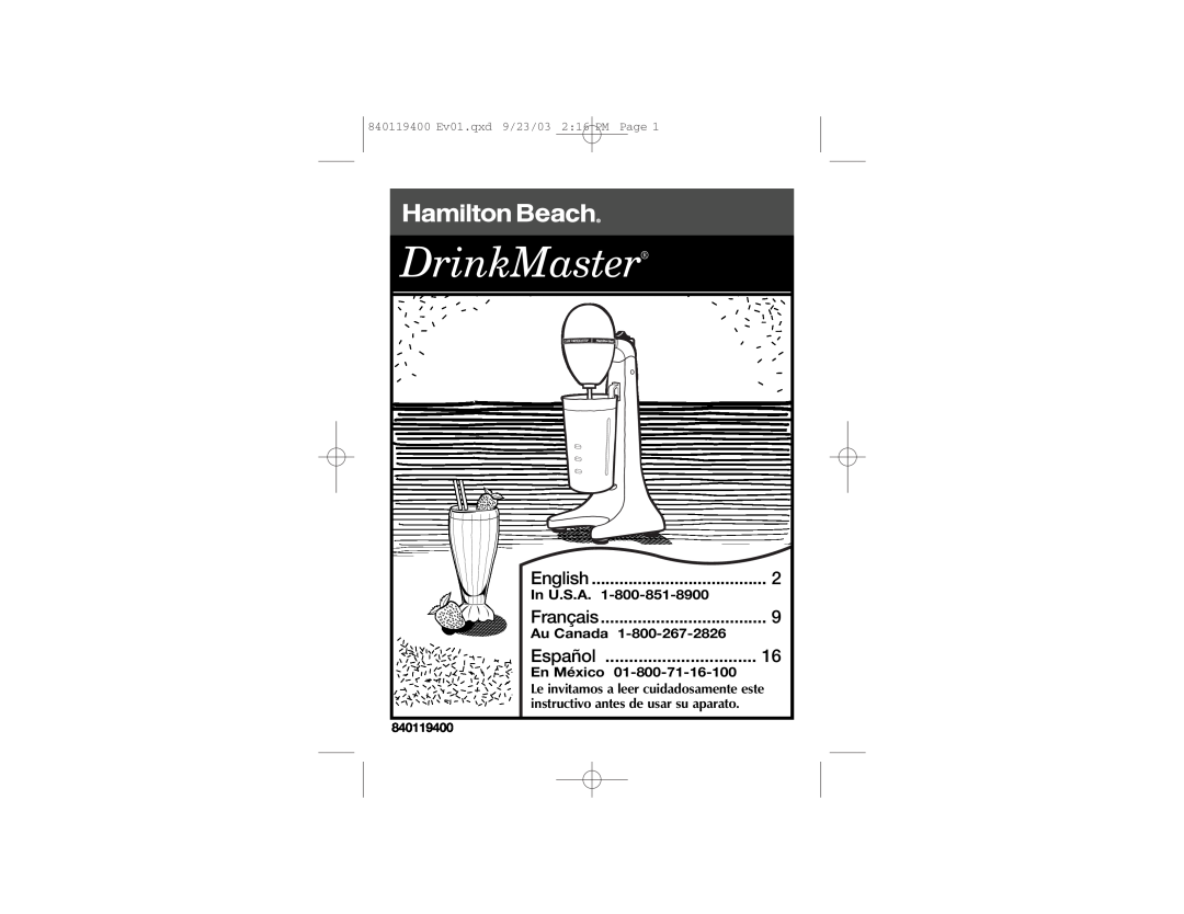 Hamilton Beach 840119400 manual DrinkMaster, Español, Le invitamos a leer cuidadosamente este, English, Français 
