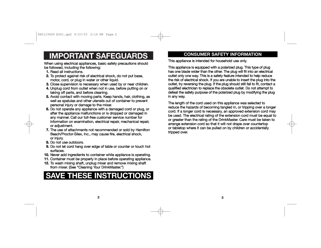 Hamilton Beach 840119400 manual Important Safeguards, Save These Instructions, Consumer Safety Information 