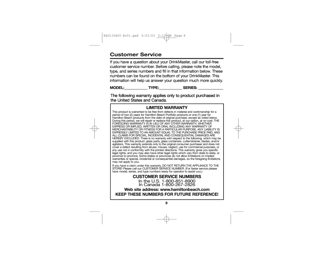 Hamilton Beach manual In the U.S. In Canada, Customer Service Numbers, 840119400 Ev01.qxd 9/23/03 2 17 PM Page 