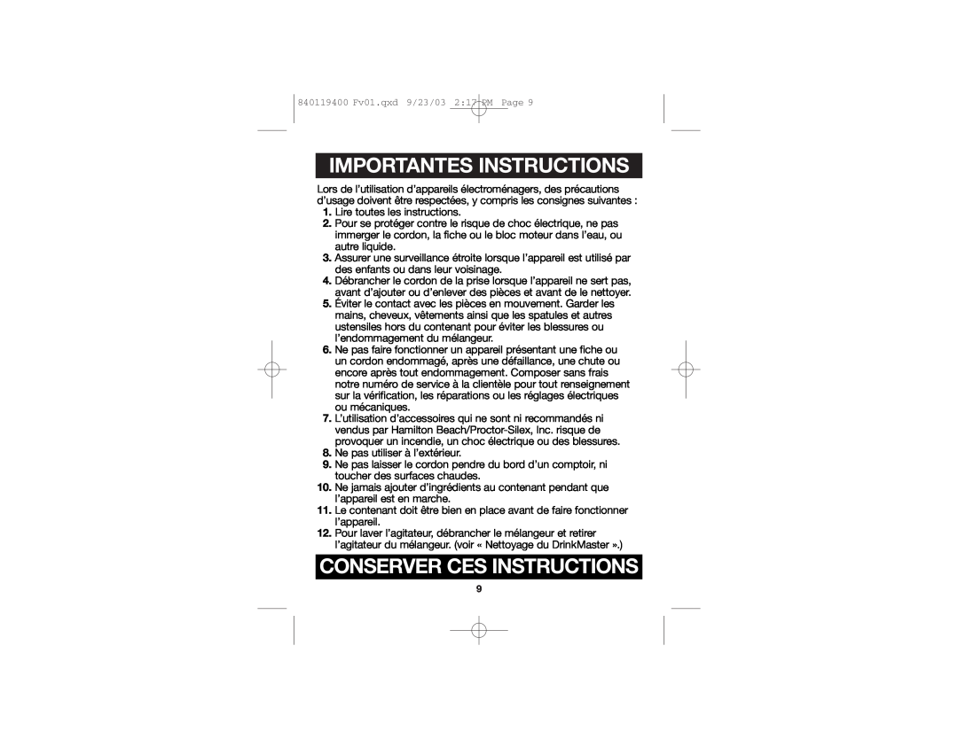Hamilton Beach 840119400 manual Importantes Instructions, Conserver Ces Instructions 