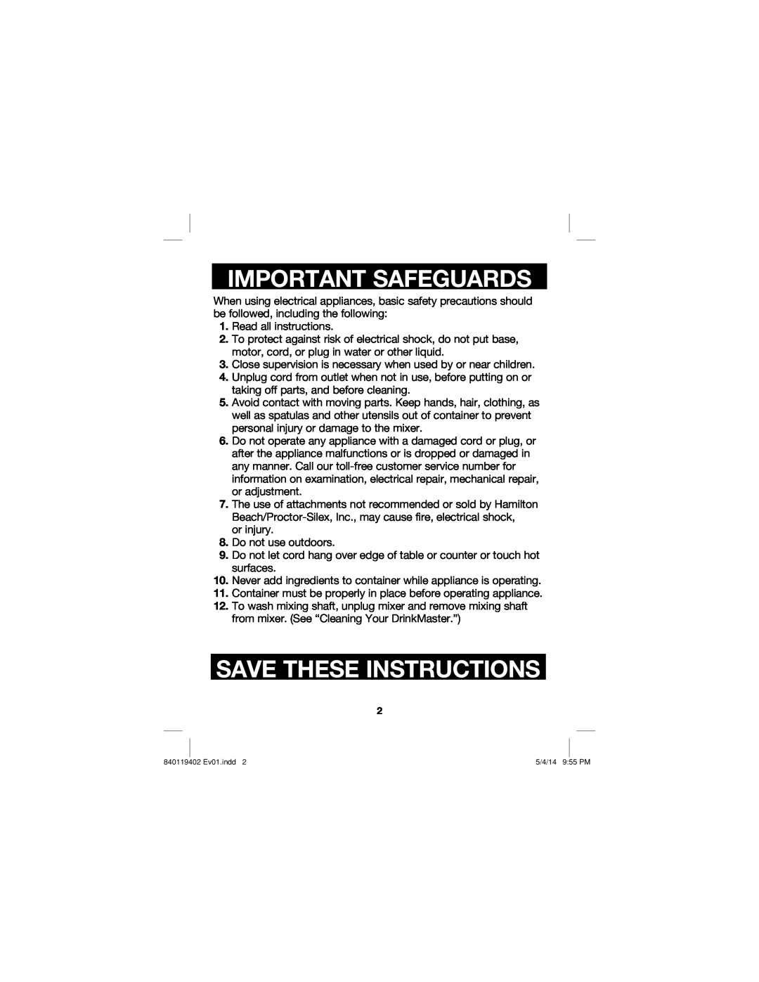 Hamilton Beach 840119402 manual Important Safeguards, Save These Instructions 