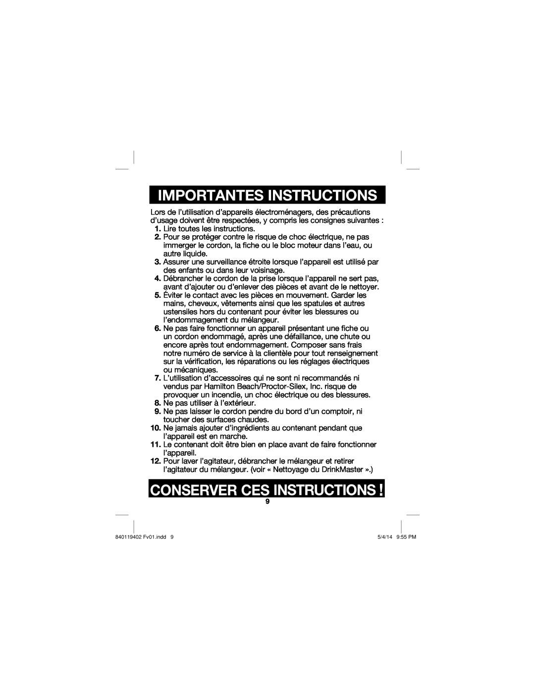 Hamilton Beach 840119402 manual Importantes Instructions, Conserver Ces Instructions 