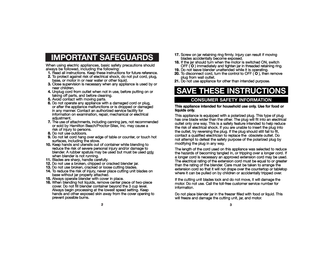 Hamilton Beach 840120300 manual Important Safeguards, Save These Instructions, Consumer Safety Information 