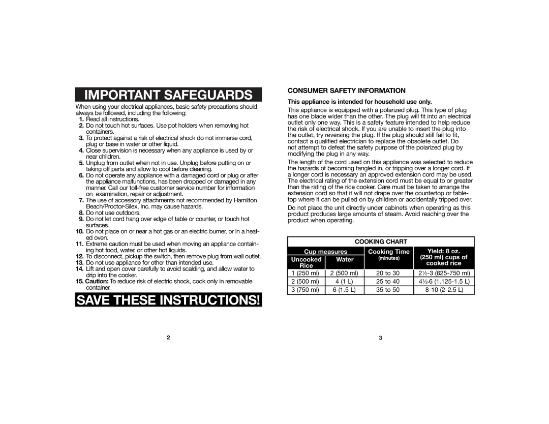 Hamilton Beach 840120500 manual Important Safeguards, Cooking Chart 