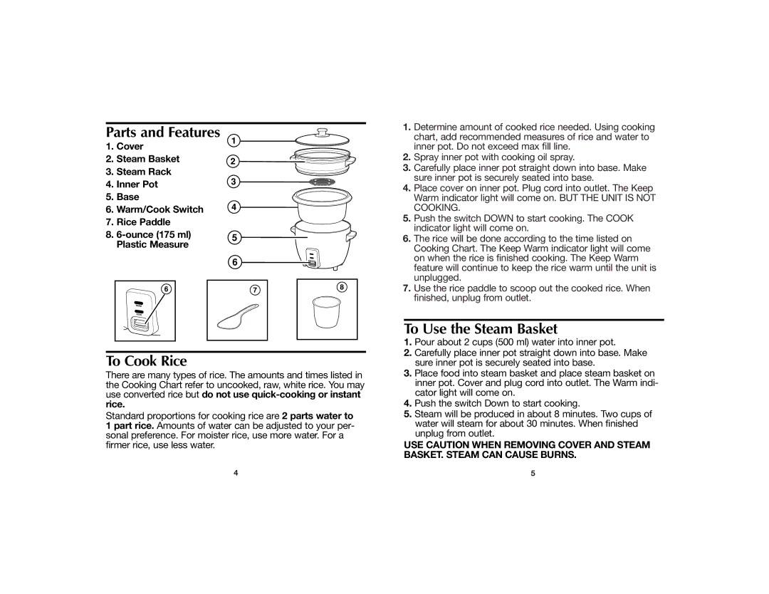 Hamilton Beach 840120500 manual Parts and Features, To Cook Rice, To Use the Steam Basket 