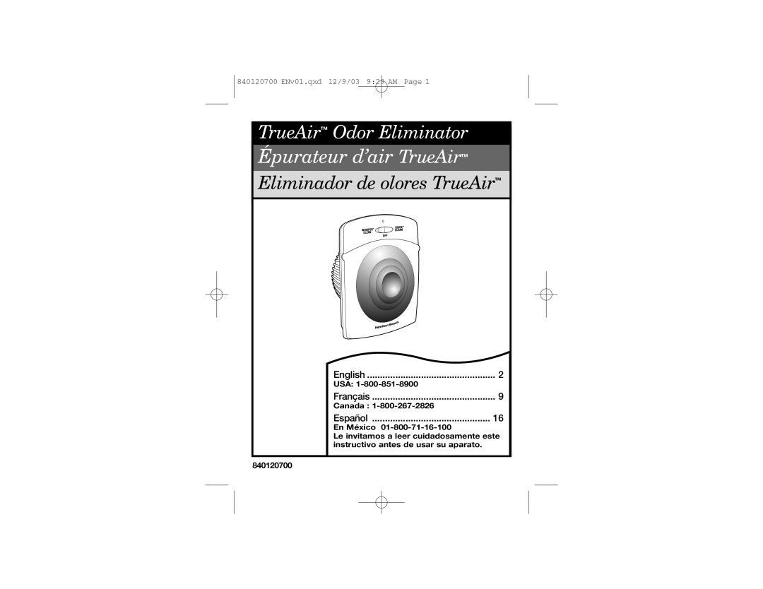 Hamilton Beach 840120700 manual Épurateur d’air TrueAir, TrueAir Odor Eliminator, Eliminador de olores TrueAir, Usa 