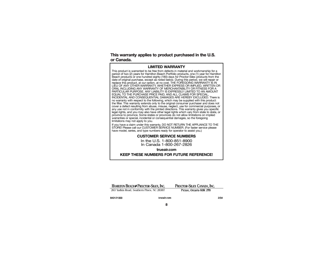 Hamilton Beach 840121000 manual In the U.S. In Canada, Limited Warranty, Customer Service Numbers, Proctor-Silex,Inc 