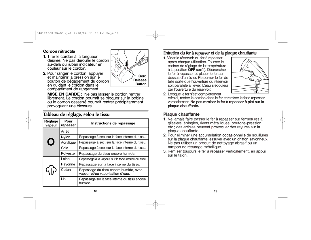 Hamilton Beach 840121300 manual Entretien du fer à repasser et de la plaque chauffante, Tableau de réglage, selon le tissu 