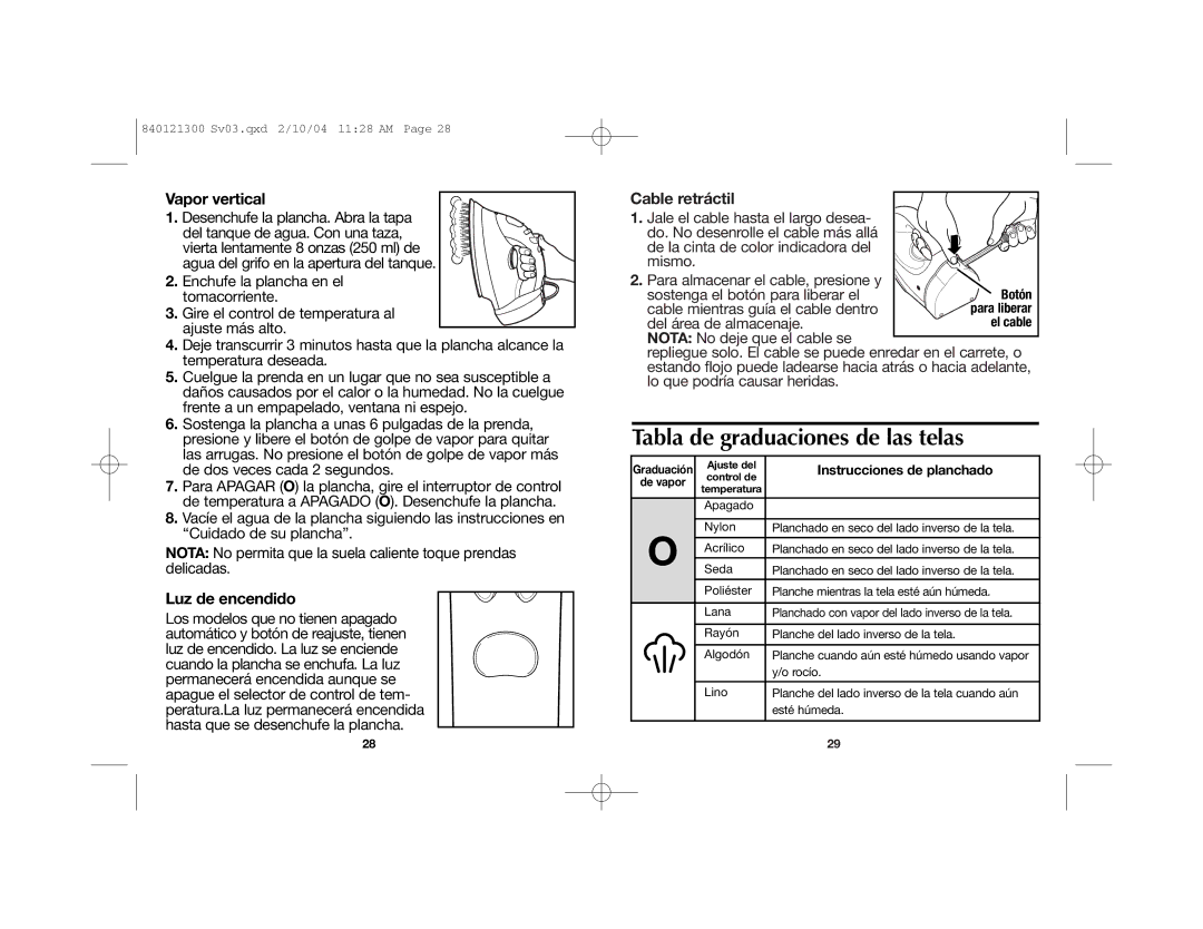 Hamilton Beach 840121300 manual Tabla de graduaciones de las telas, Vapor vertical, Luz de encendido, Cable retráctil 