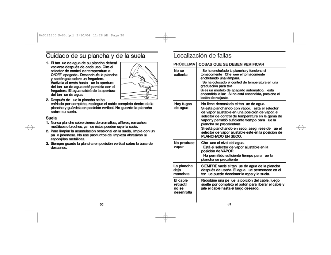 Hamilton Beach 840121300 manual Cuidado de su plancha y de la suela, Localización de fallas, Suela 