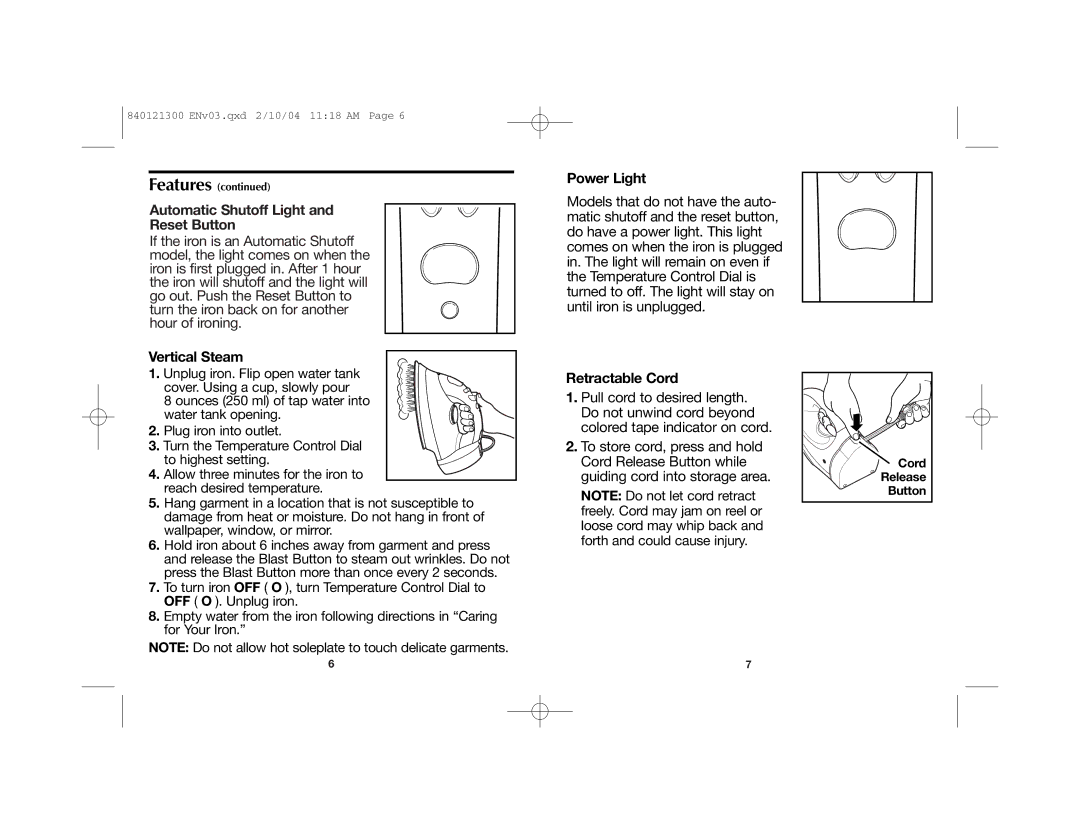 Hamilton Beach 840121300 manual Automatic Shutoff Light Reset Button, Vertical Steam, Power Light, Retractable Cord 