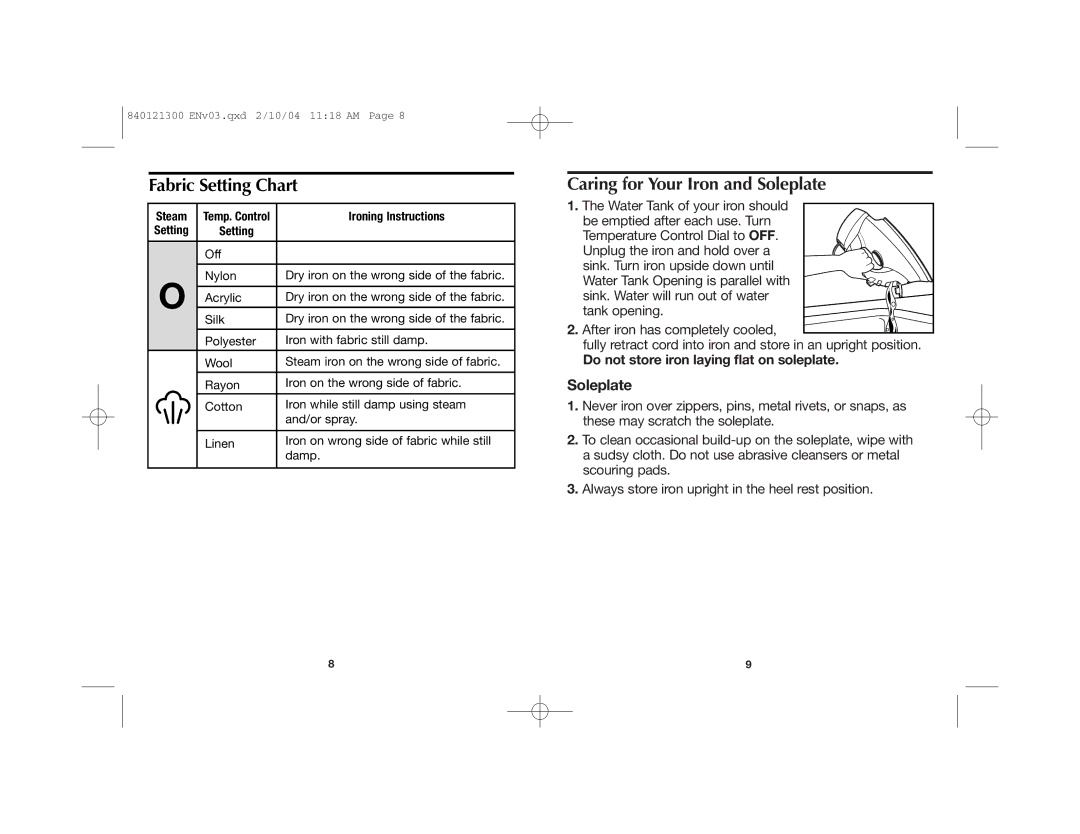 Hamilton Beach 840121300 manual Do not store iron laying flat on soleplate, Steam, Ironing Instructions, Setting 