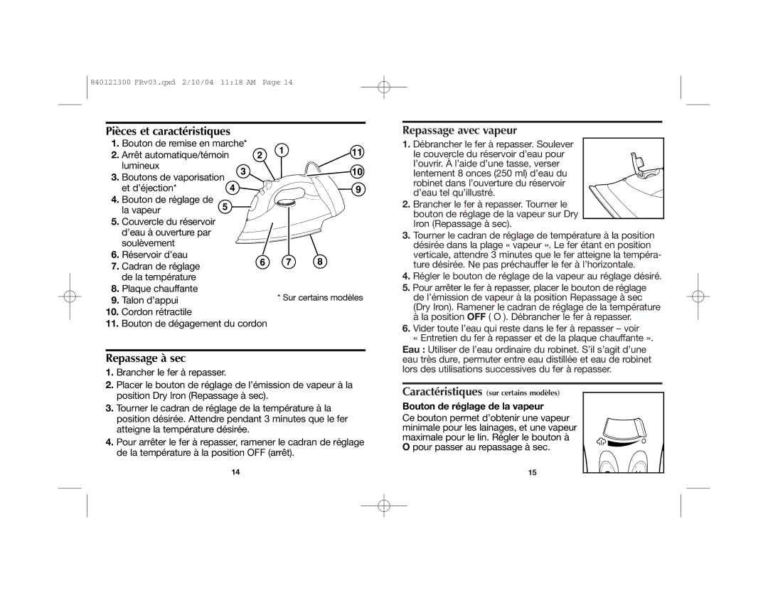 Hamilton Beach 840121300 manual Pièces et caractéristiques, Repassage à sec, Repassage avec vapeur 