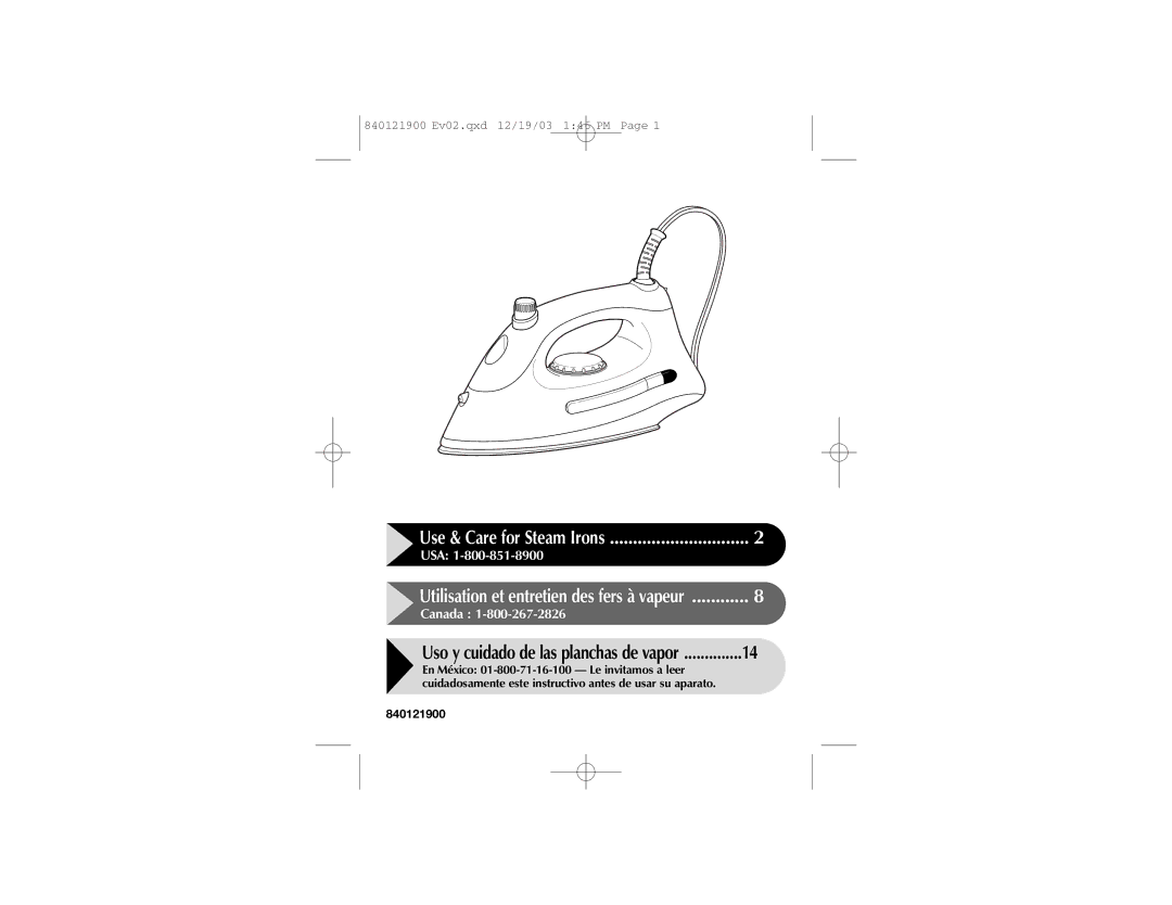 Hamilton Beach 840121900 manual Use & Care for Steam Irons 