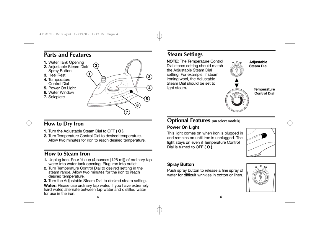 Hamilton Beach 840121900 manual Parts and Features, Steam Settings, How to Dry Iron, How to Steam Iron 