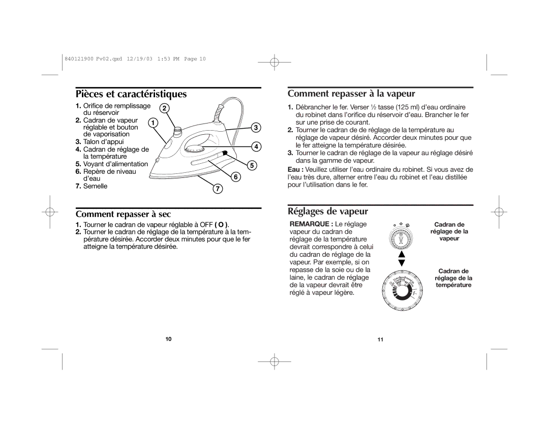 Hamilton Beach 840121900 manual Pièces et caractéristiques, Comment repasser à la vapeur, Réglages de vapeur 