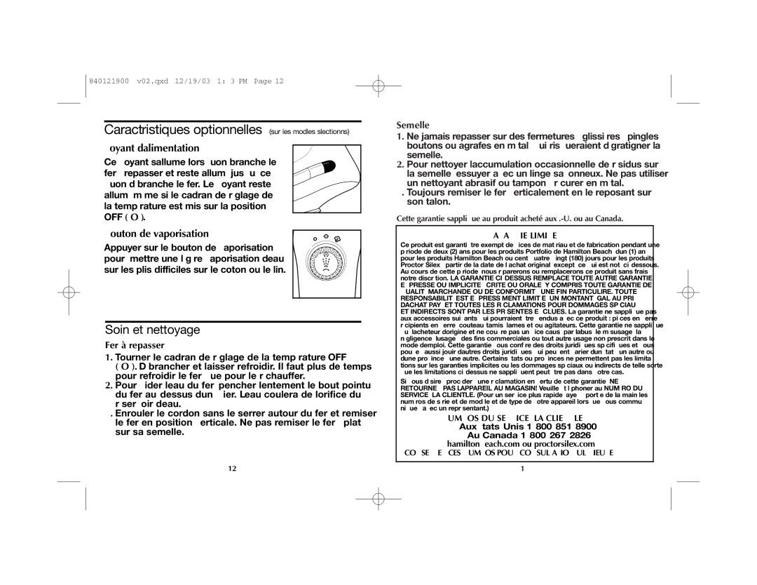 Hamilton Beach 840121900 Caractéristiques optionnelles sur les modèles sélectionnés, Voyant d’alimentation, Fer à repasser 