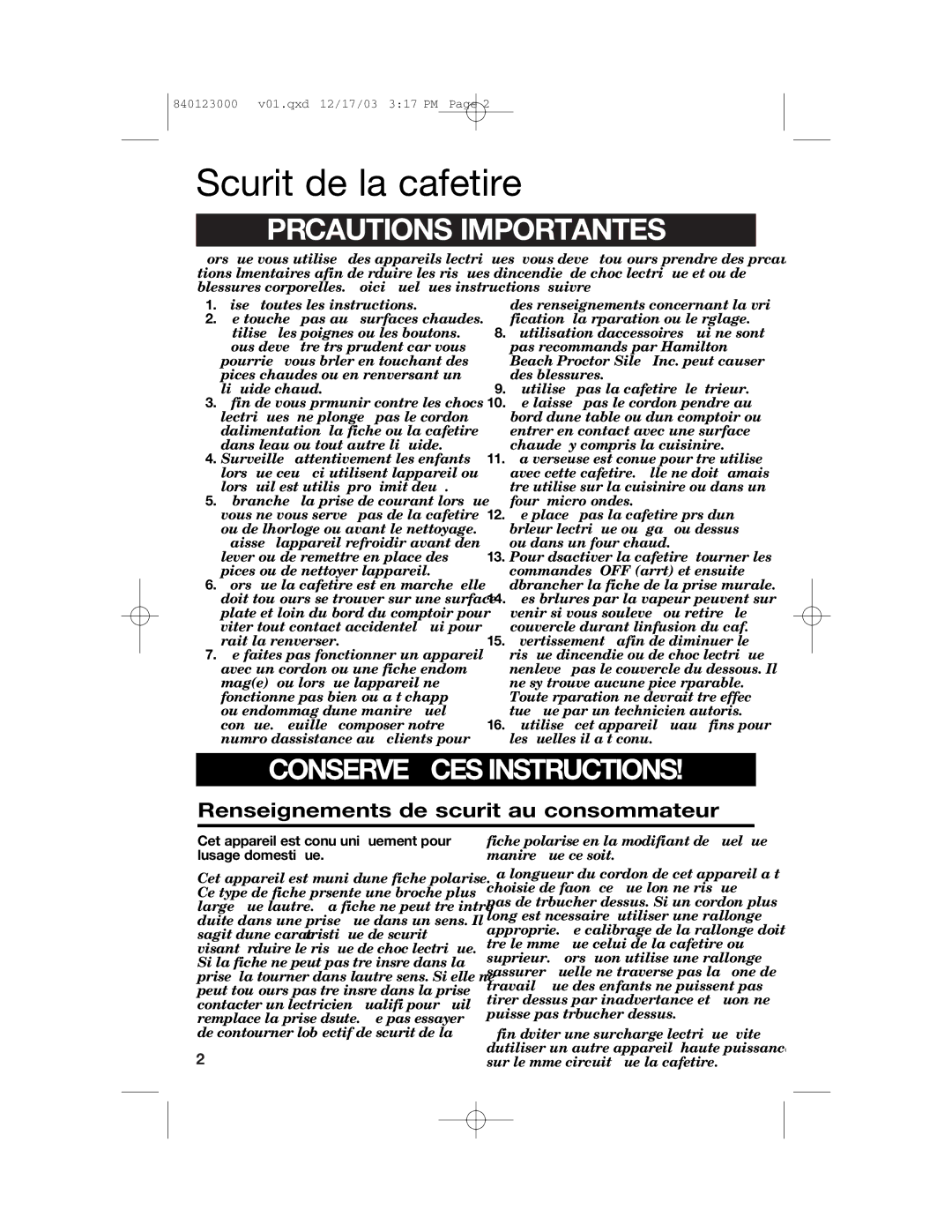 Hamilton Beach 840123000 manual Sécurité de la cafetière, Précautions Importantes 