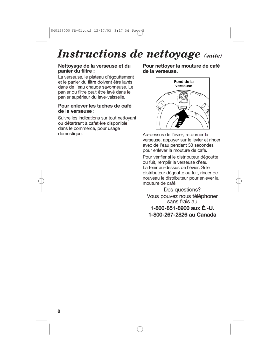 Hamilton Beach 840123000 manual Instructions de nettoyage suite, Nettoyage de la verseuse et du panier du filtre 