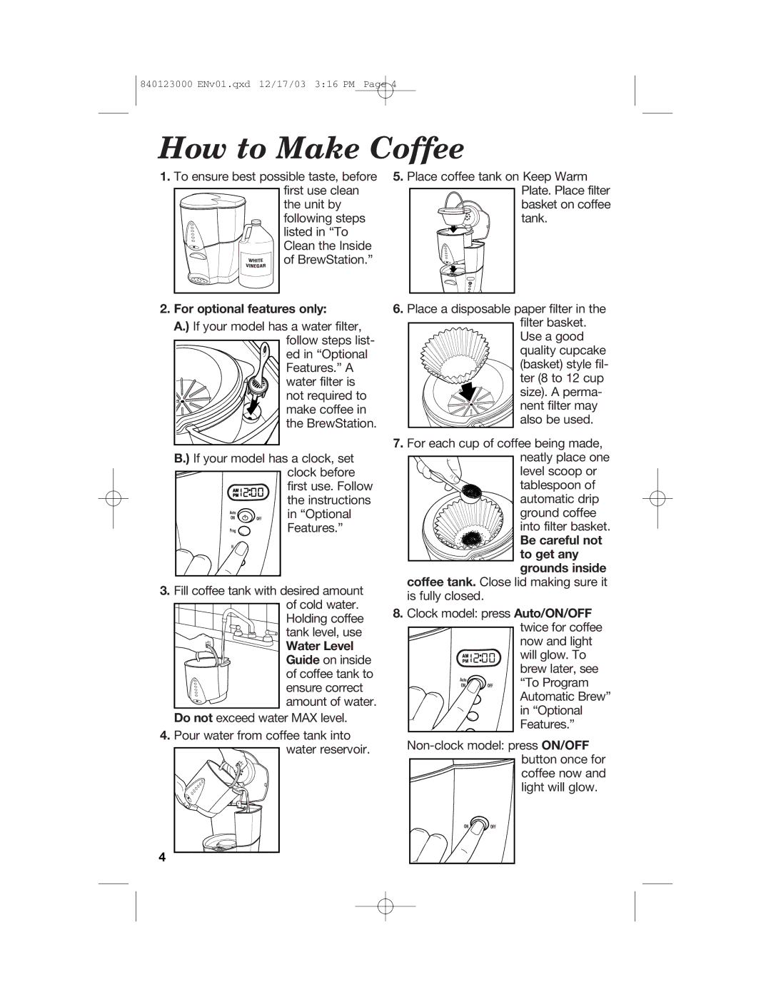 Hamilton Beach 840123000 manual How to Make Coffee, For optional features only, Water Level 