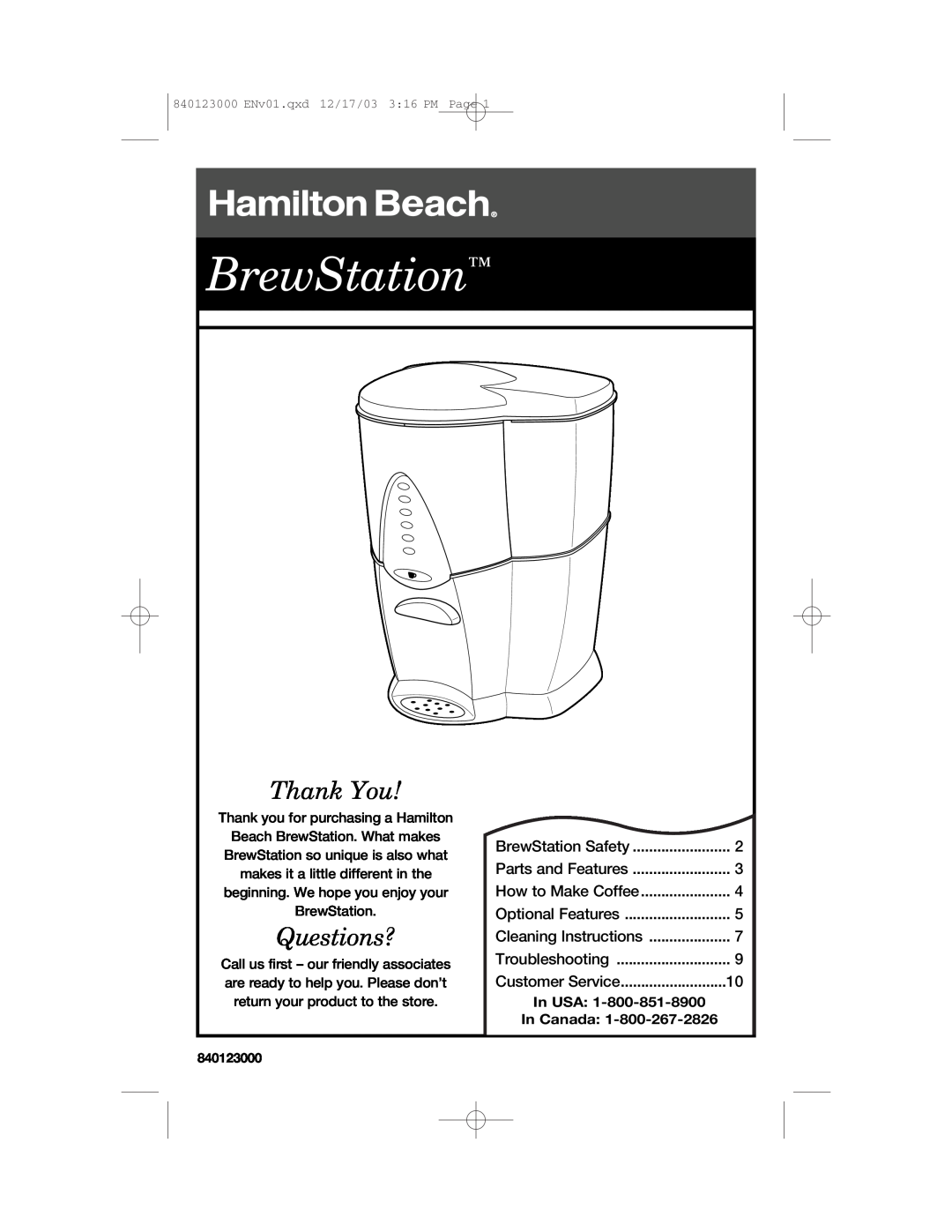 Hamilton Beach 840123000 manual BrewStation, Thank You, Questions?, In USA In Canada 