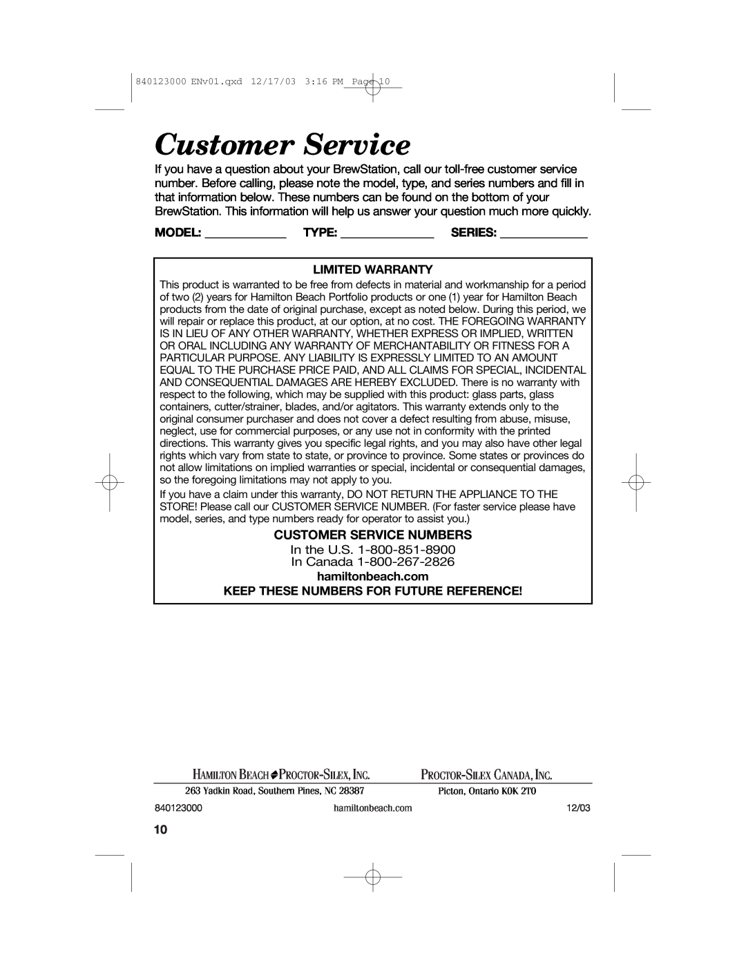 Hamilton Beach 840123000 manual Customer Service Numbers, Model Type Series Limited Warranty, Hamilton Beach 