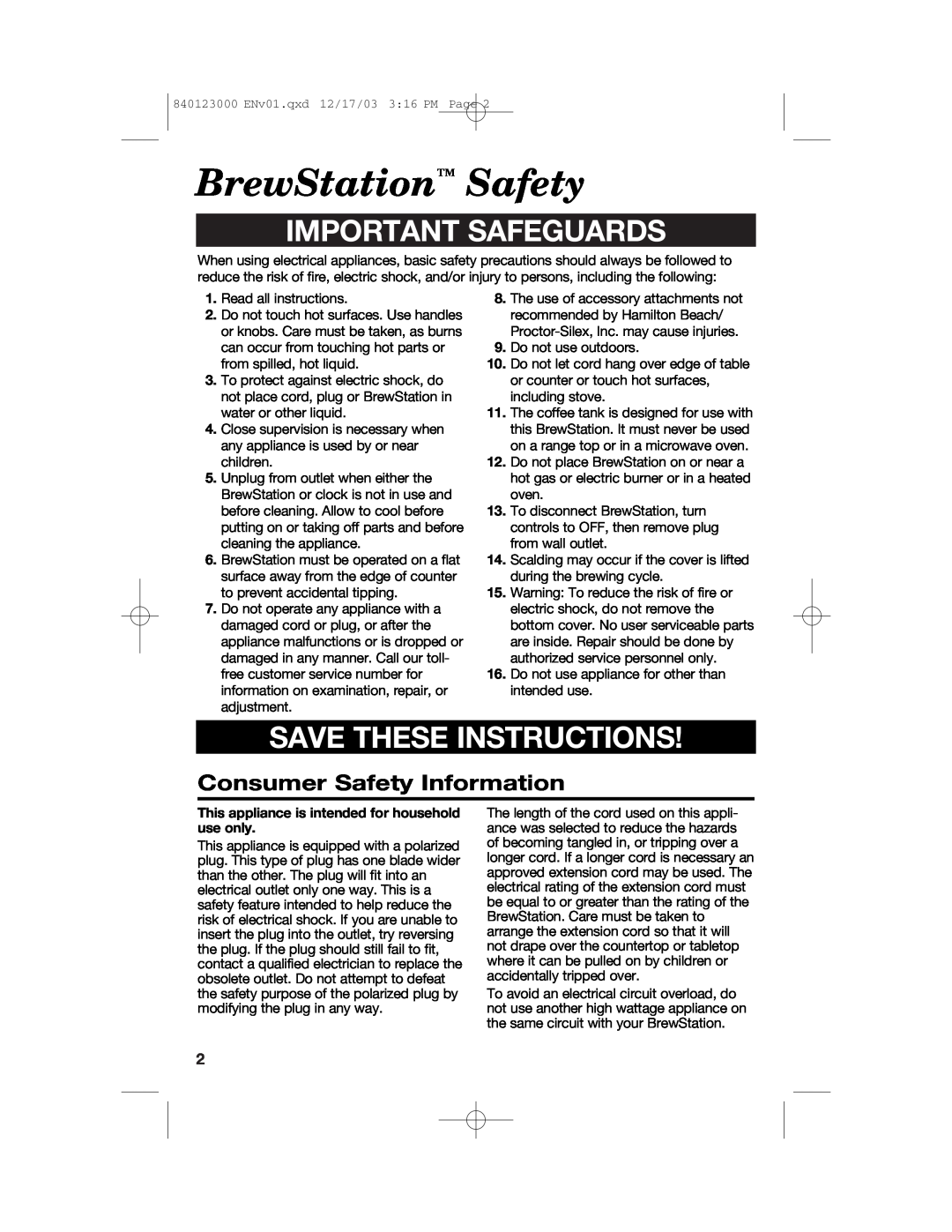 Hamilton Beach 840123000 BrewStation Safety, Important Safeguards, Save These Instructions, Consumer Safety Information 