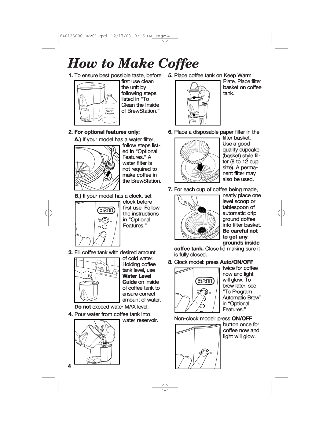 Hamilton Beach 840123000 manual How to Make Coffee, For optional features only, Water Level 