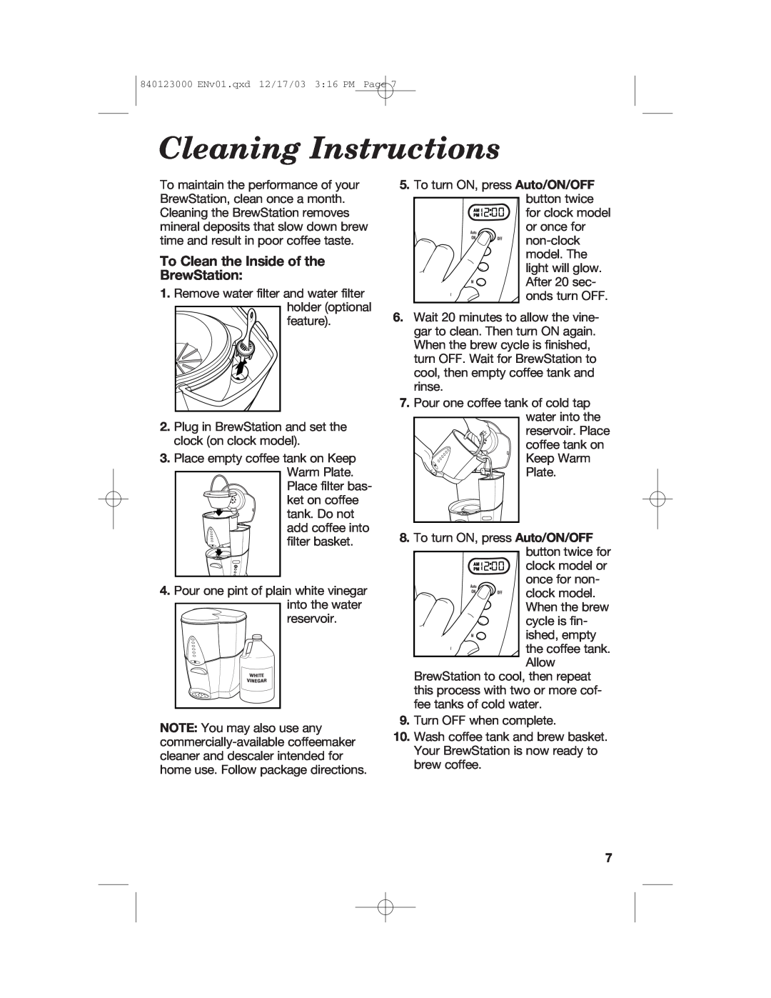 Hamilton Beach 840123000 manual Cleaning Instructions, To Clean the Inside of the BrewStation 
