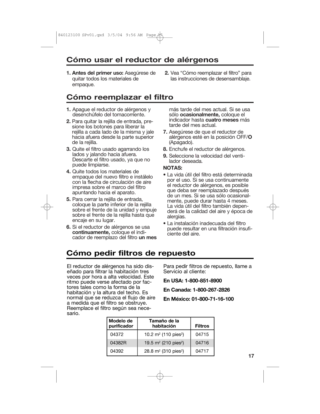 Hamilton Beach 840123100 Cómo usar el reductor de alérgenos, Cómo reemplazar el filtro, Cómo pedir filtros de repuesto 