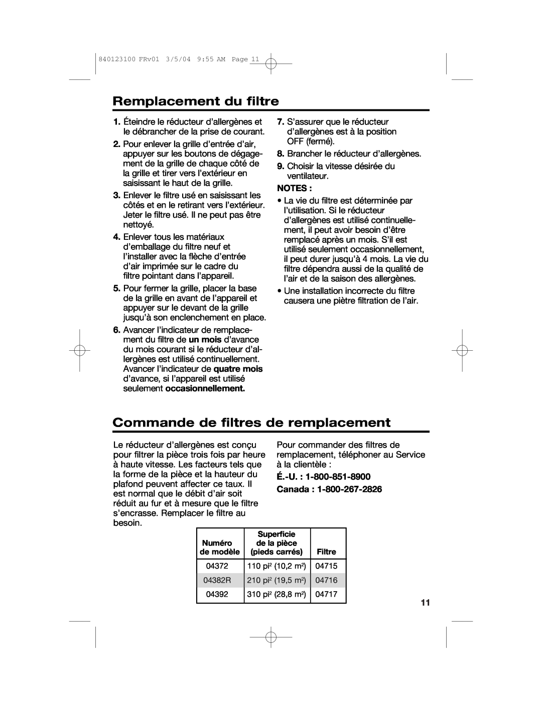 Hamilton Beach 840123100 manual Remplacement du filtre, Commande de filtres de remplacement, É.-U. : Canada, Notes 