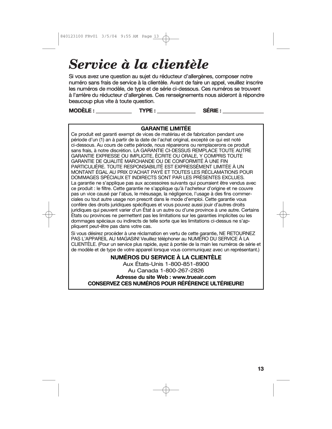 Hamilton Beach 840123100 manual Service à la clientèle, Numéros Du Service À La Clientèle, Garantie Limitée 
