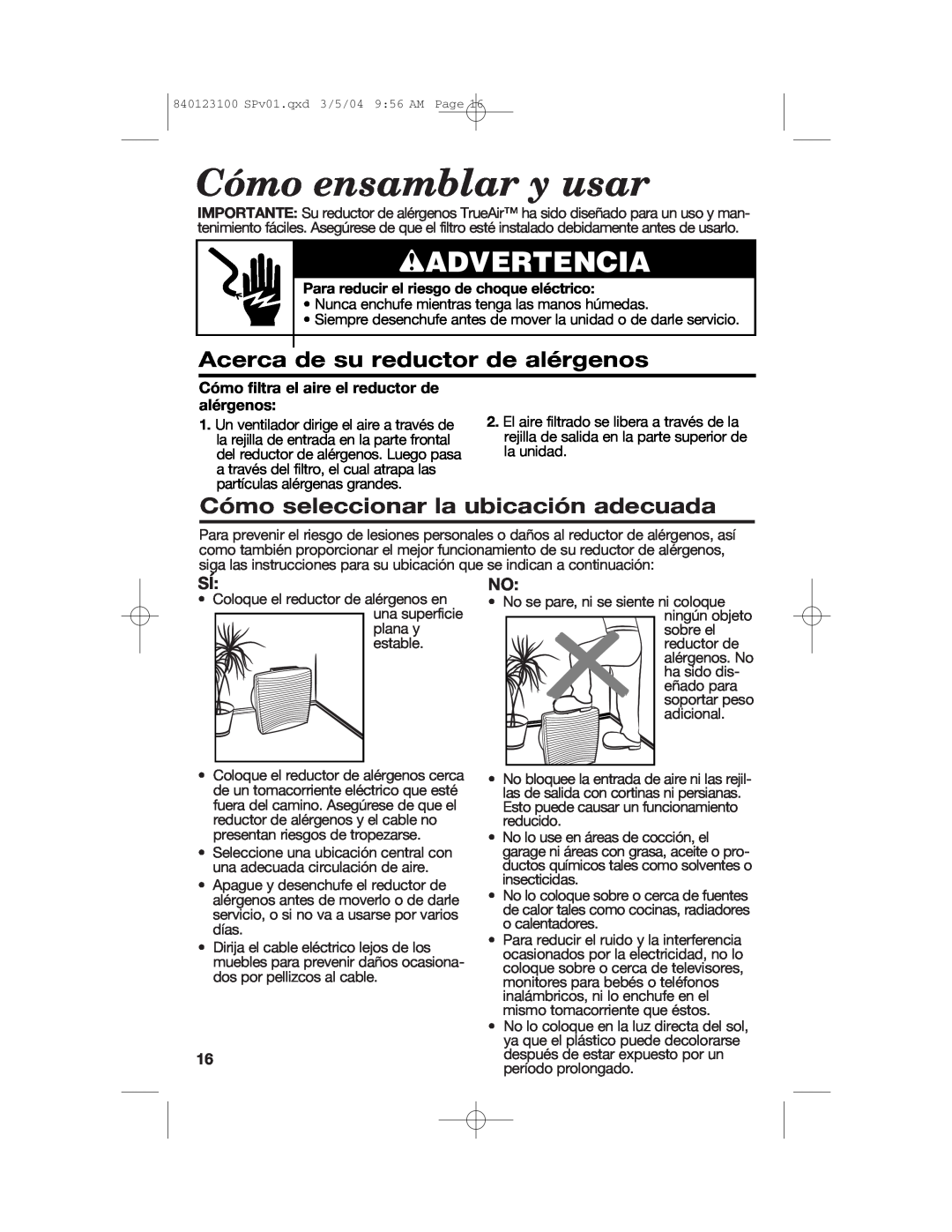 Hamilton Beach 840123100 manual Cómo ensamblar y usar, wADVERTENCIA, Acerca de su reductor de alérgenos 