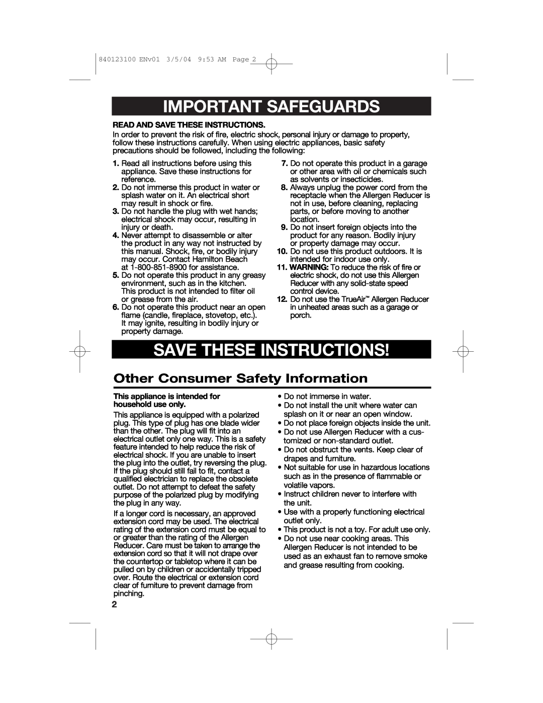 Hamilton Beach 840123100 manual Important Safeguards, Save These Instructions, Other Consumer Safety Information 