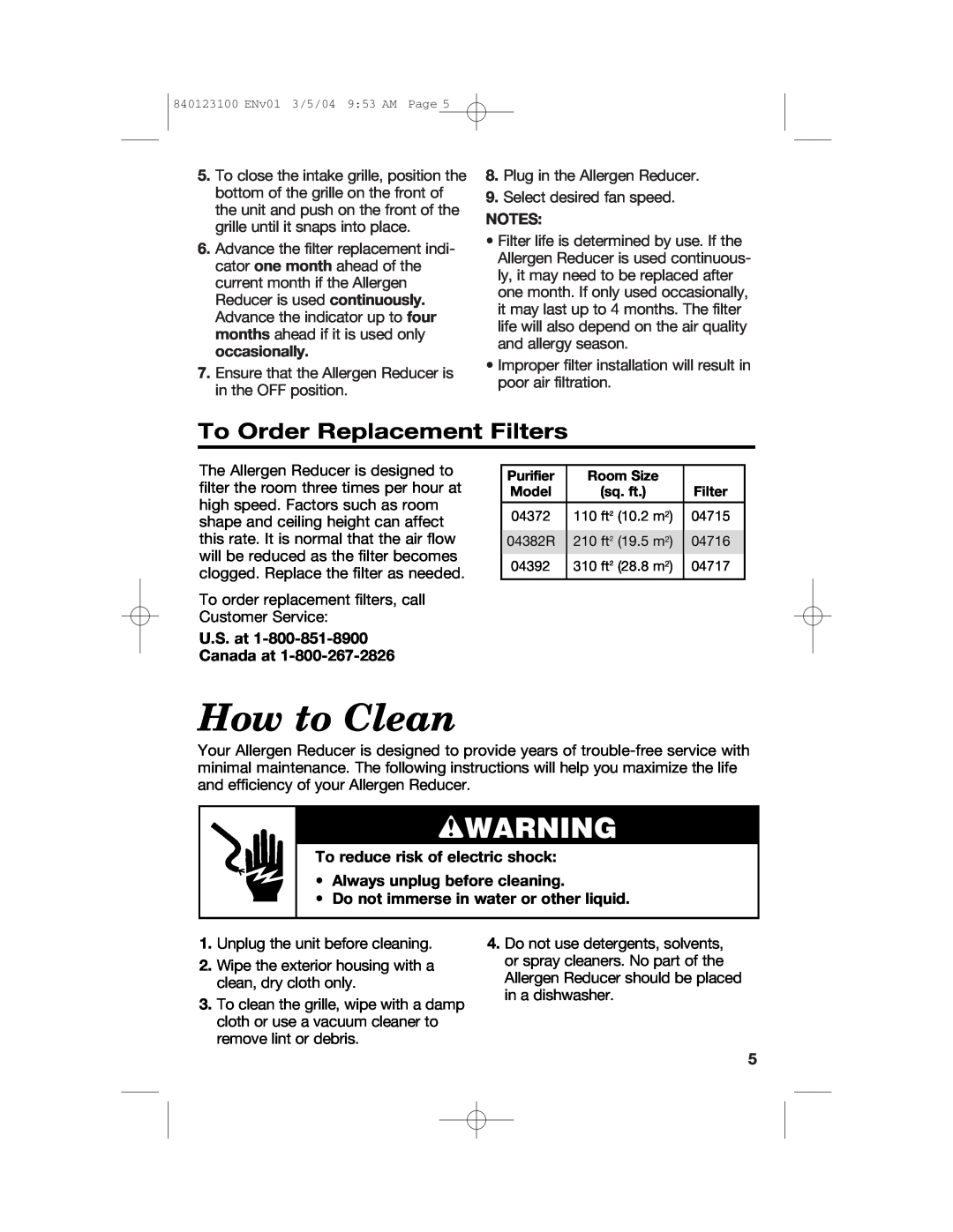 Hamilton Beach 840123100 How to Clean, To Order Replacement Filters, U.S. at Canada at, To reduce risk of electric shock 
